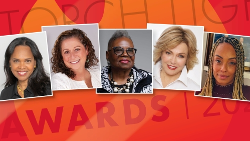 From left, the 2024 inaugural Torch Lighter Award honorees are Priscilla Sims Brown, Abigail E. Disney, Jeannine Frisby LaRue, Pat Mitchell, and Alanah Odoms.