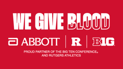 "We Give Blood  Abbott RBIG10 written in white over a red background.