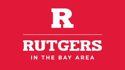 White block 'R' and text reading 'Rutgers in the Bay Area' on a Scarlet background