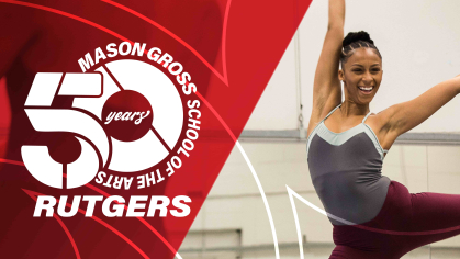 Mason Gross student dancer and the 50th anniversary logo
